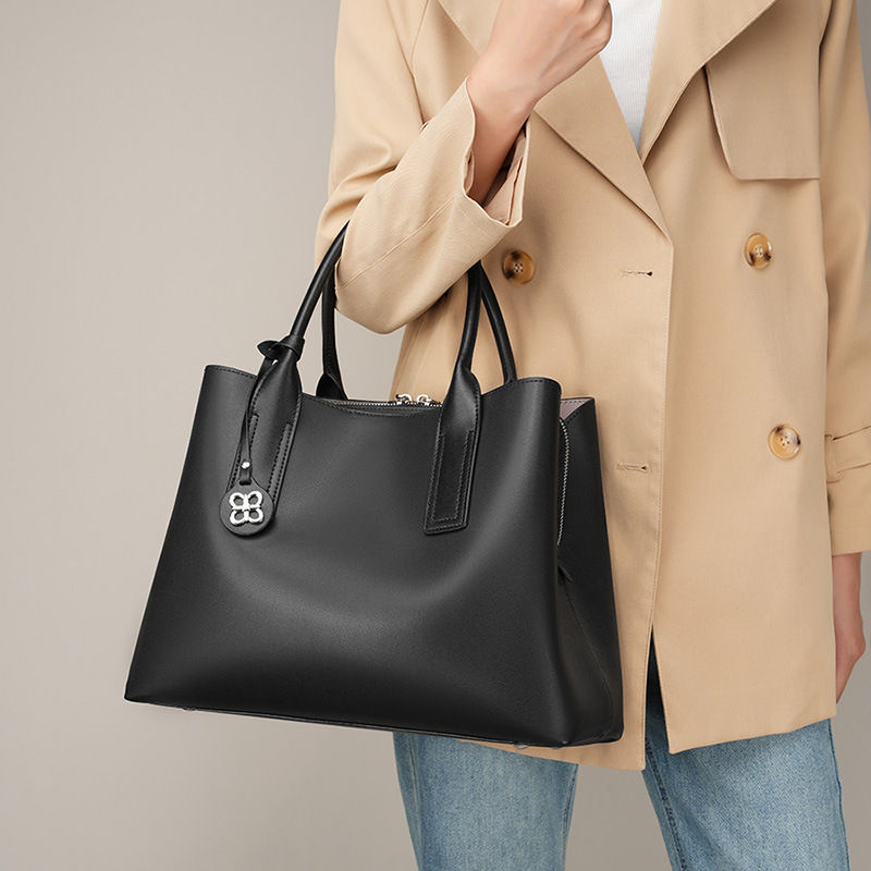 Top Handle Structured - 여성용 블랙 천연 가죽 스트럭쳐드 토트백,