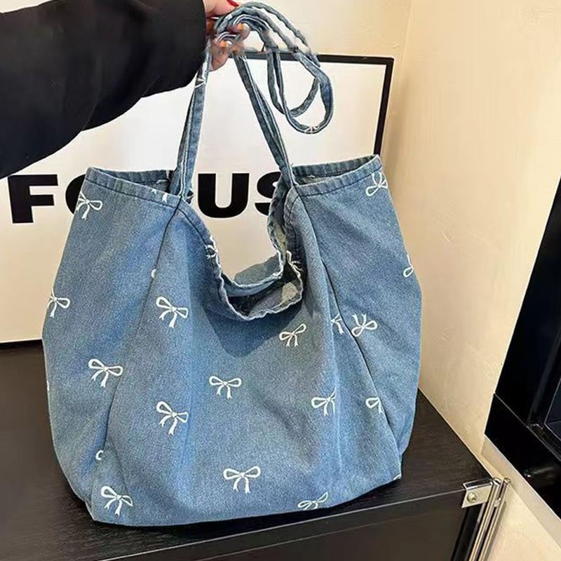 여성용 리본 장식 데님 캔버스 토트백 대용량 싱글 숄더 - Women Bags Jeans 리뷰 및 가격