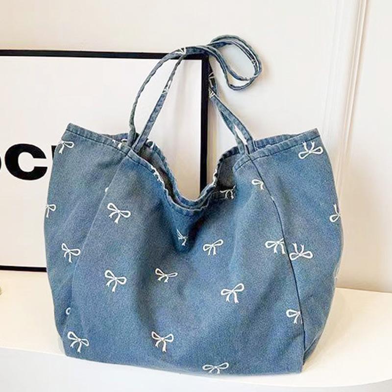 여성용 리본 장식 데님 캔버스 토트백 대용량 싱글 숄더 - Women Bags Jeans 리뷰 및 가격