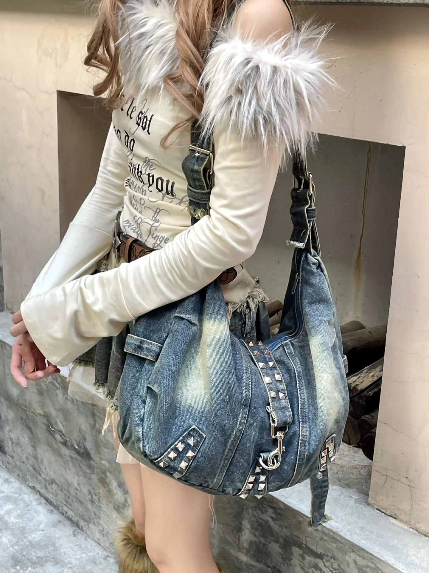 워시드 데님 리벳 숄더백 여성용 핸드백 대용량 쇼핑백  - Women Bags Jeans 리뷰 및 가격