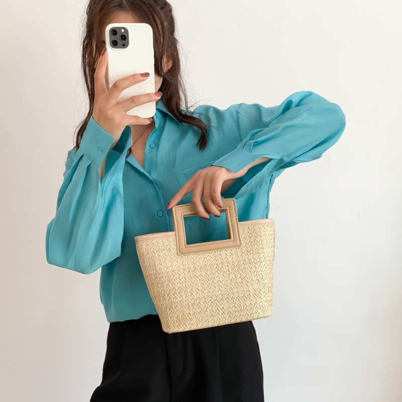 사각형 속이 빈 손잡이 밀짚 핸드백, 인조 가죽 트림  - Women'S Bags Top 10 리뷰 및 가격