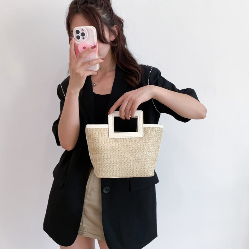 사각형 속이 빈 손잡이 밀짚 핸드백, 인조 가죽 트림  - Women'S Bags Top 10 리뷰 및 가격